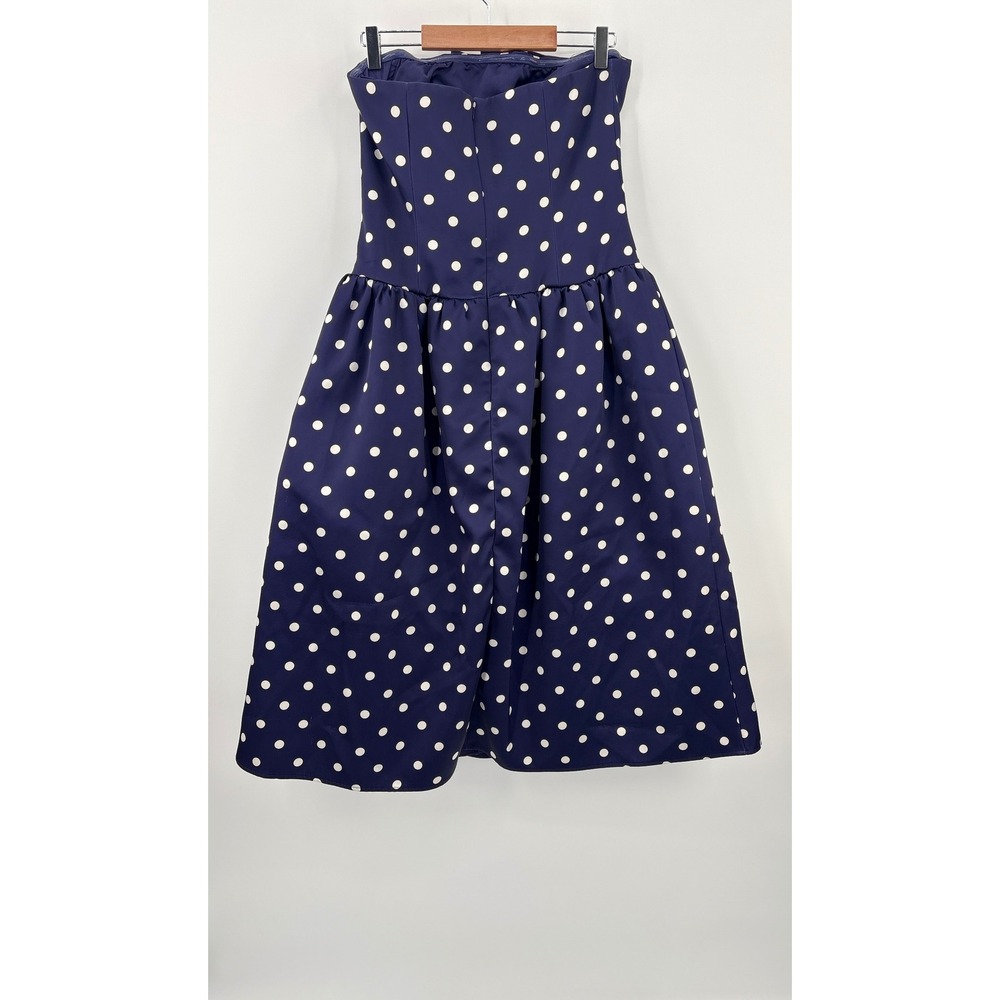 B67 Self Portrait Polka Dot Midi Dress 8 Strapless Satin Navy White Cocktail - Picture 6 of 13